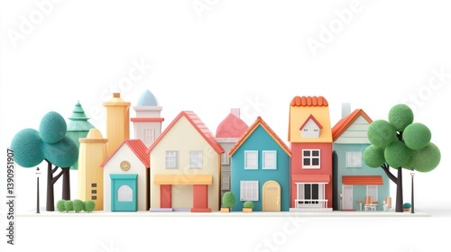 Colorful Cartoon Townscape on White Background
