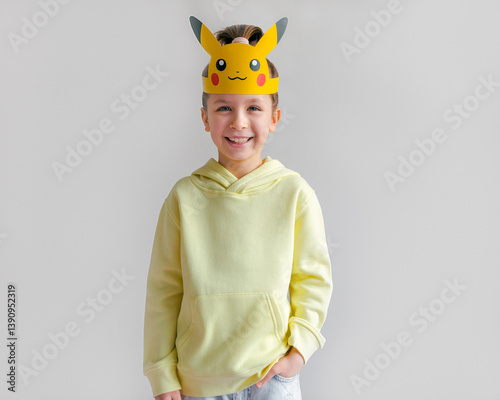 Portrait of happy little girl in a yellow sweater and a Pokémon mask on her head..White background. Design, space for text, mockup
