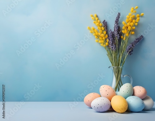 Decorative Easter eggs and spring blossoms arranged on a pastel background for seasonal themes