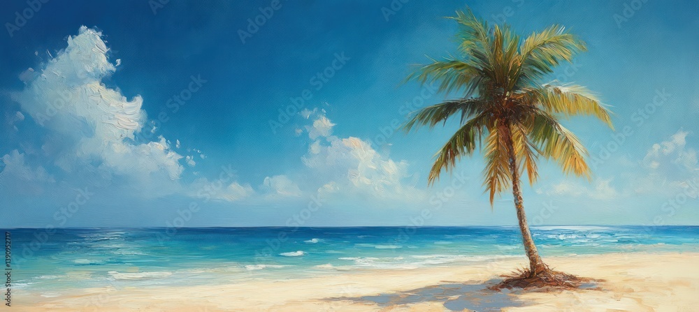 Fototapeta premium Tropical Beach Scene with Palm Tree and Turquoise Ocean under Bright Sunshine