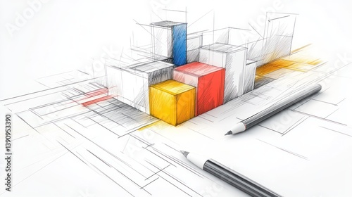 Colorful cubes on architectural sketch