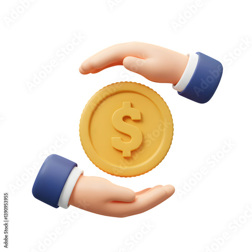 3D Hands Protecting Gold Coin with Dollar Symbol Icon