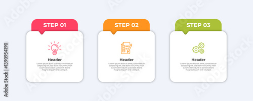 Three steps for a process with a light bulb a checklist with a pen and gears.