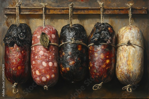 Cured Sausages from Spain Home-made Pork Variety with Spices and Flavoring Smoked and Salted