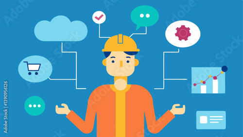 AI in Everyday Life A scene where an engineer is explaining how AI impacts daily life using infographics showcasing areas like healthcare transportation and communication.