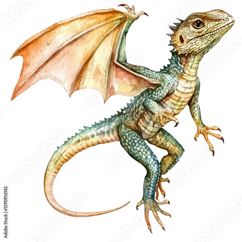 A watercolor painting of Draco lizard Flying dragon, isolated on a white background. Draco lizard Flying dragon vector


