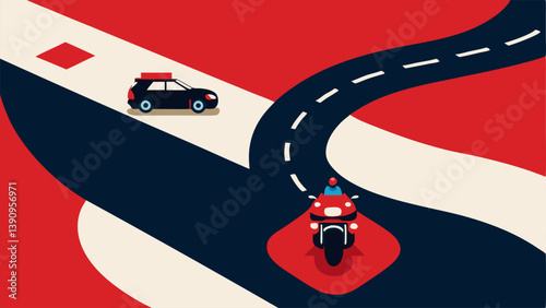 Overhead View A topdown vector view of a motorcycle on a winding road with police cars following captured in a contrasting color palette.