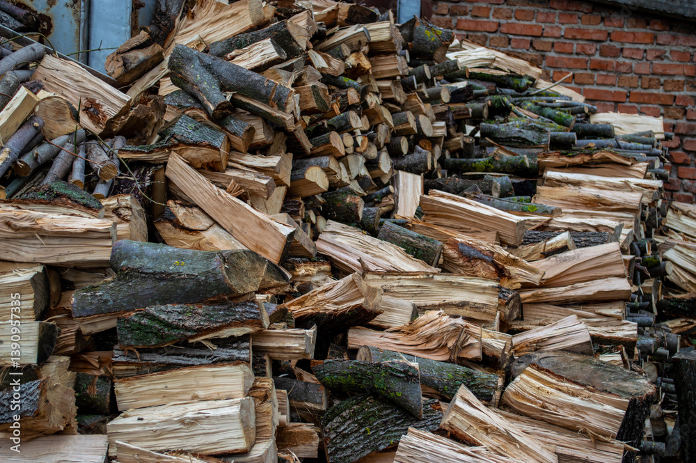 Stacks of firewood arranged neatly against a brick wall, ready for use during cold weather. The wood shows signs of being freshly cut Stacks of firewood arranged neatly against a brick wall, ready for use during cold weather. The wood shows signs of being freshly cut