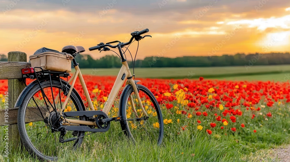 Tranquil Sunset View of Beige Bicycle Leaned Against Wooden Fence in Poppy Field Tranquil Sunset View of Beige Bicycle Leaned Against Wooden Fence in Poppy Field
