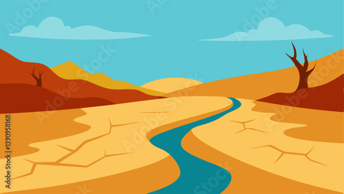 DriedUp River An of a dry riverbed with cracked earth representing drought and the resulting agricultural impacts on the communitys food supply.
