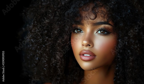 Beautiful Black Woman with Voluminous Curly Hair and Dramatic Make-up in a Stunning Portrait