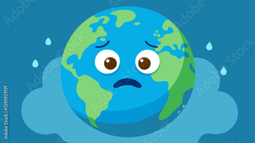 Earth with Sad Face A cartoon Earth character with a sad expression and tear drops encircled by a swirling mass of pollution and natural disasters like fires and melting ice.