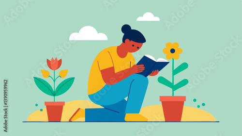 Flower Garden A character planting flowers in a garden while reading a selfcare book. This reflects the growth that comes with nurturing oneself through care and love.