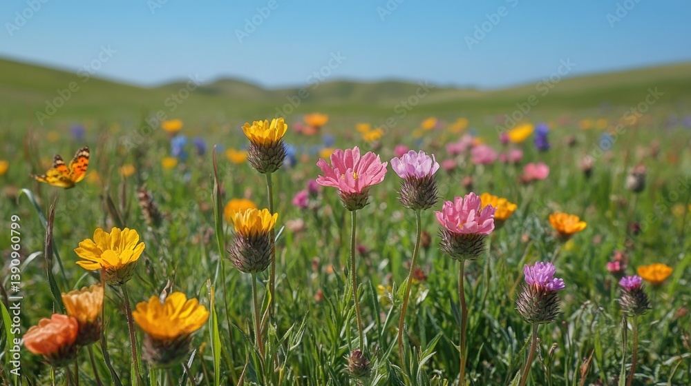 Vibrant Wildflower Meadow in Full Bloom Under a Clear Blue Sky Vibrant Wildflower Meadow in Full Bloom Under a Clear Blue Sky