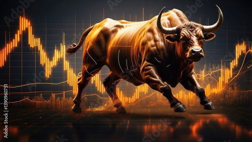 A powerful bull with large horns is depicted mid-leap against a backdrop featuring a glowing orange upward-trending line and abstract financial charts.