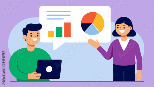 Brand Audience Targeting A marketer showing a digital presentation on a screen with pie charts and demographics while a microinfluencer nods in understanding.