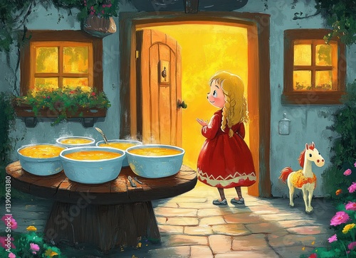 Goldilocks and the Three Bears Fairytale Illustration Young Girl Cozy Room Cute Cartoon Animals