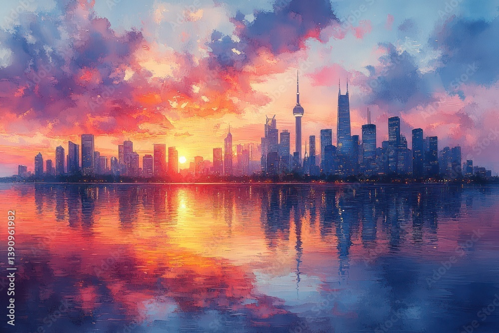 Fototapeta premium Futuristic Kuala Lumpur City Skyline Reflected in Calm Lake at Golden Hour