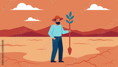 Empty Fields A barren cracked landscape with a single farmer looking dejected holding a wilted crop in hand symbolizing the lack of fertile land and resources.