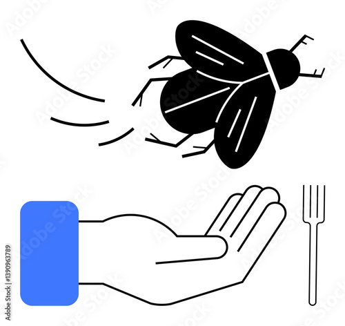 Buzzing fly in flight near open hand and utensils, conveying concepts of nuisance, cleanliness, food safety, pest control, contamination, environmental concerns, and hospitality. Perfect flat simple