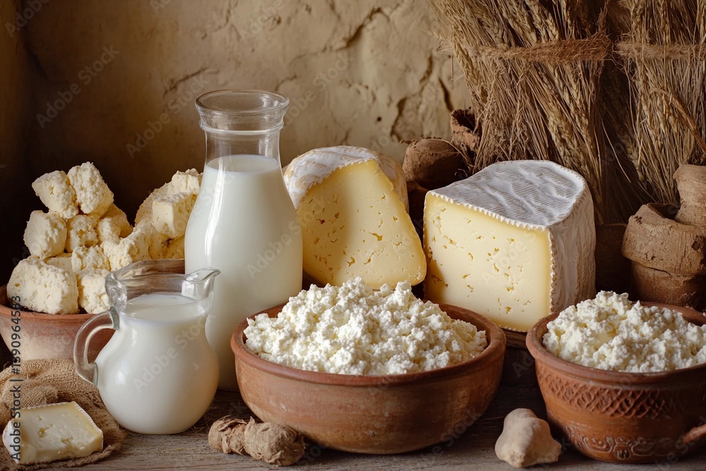 A variety of cheese and dairy products are displayed on a wooden table A variety of cheese and dairy products are displayed on a wooden table