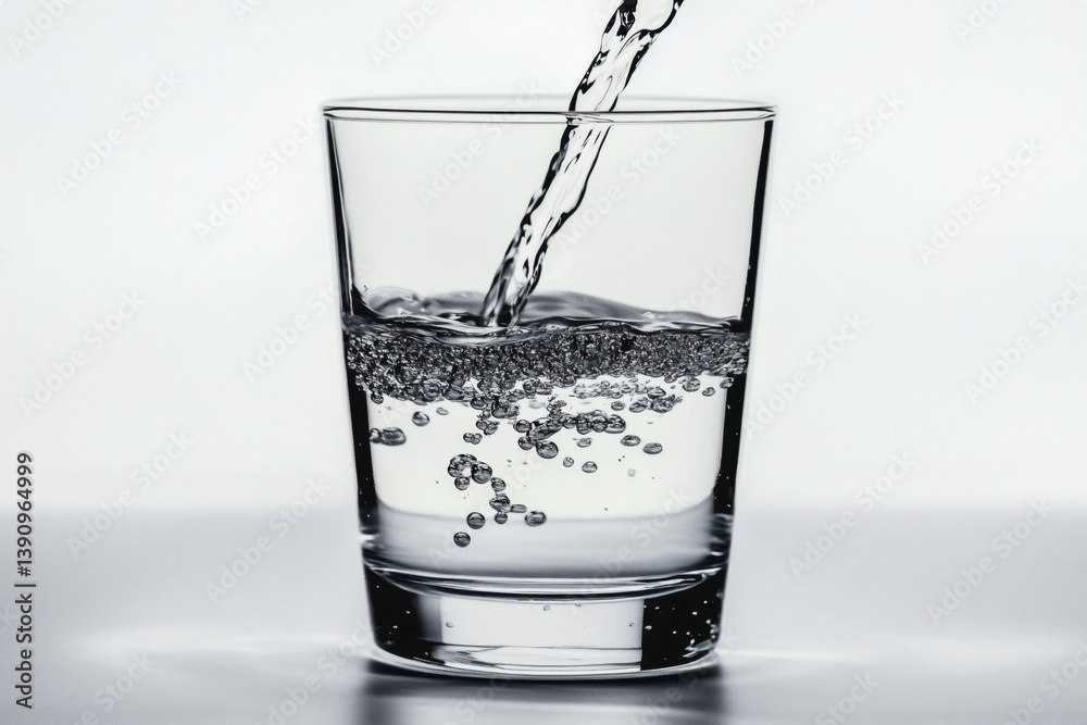 Water being poured into a clear glass, showing bubbles forming within the liquid. The glass sits on a reflective surface against a bright background.