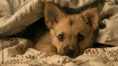 Photorealistic image of a highly detailed professional photo of puppy under couch with robe edge photo