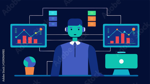 Algorithmic Trading A visual of a stock market trader in front of multiple screens showing realtime data with a robot figure beside them symbolizing AIpowered trading.