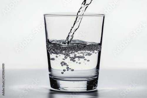 Obraz na płótnie Water being poured into a clear glass, showing bubbles forming within the liquid. The glass sits on a reflective surface against a bright background. w salonie
