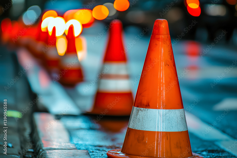 A row of bright orange traffic cones with white reflective stripes stands on a wet city street at night, with blurred car lights in the background.