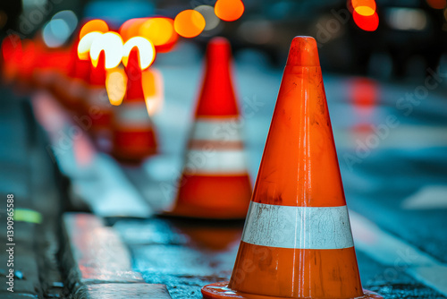 Obraz na płótnie A row of bright orange traffic cones with white reflective stripes stands on a wet city street at night, with blurred car lights in the background. w salonie