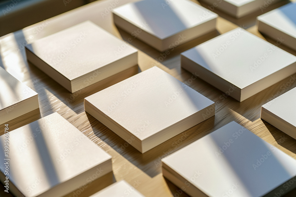 A grid of pristine white square business cards arranged neatly on a light-colored wooden surface, with sharp shadows indicating bright sunlight.