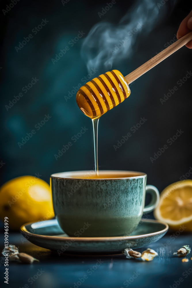 Close-up of a hand holding a honey dipper over a cup of tea, with lemons in the background.