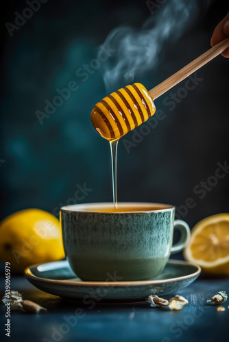 Obraz na płótnie Close-up of a hand holding a honey dipper over a cup of tea, with lemons in the background. w salonie