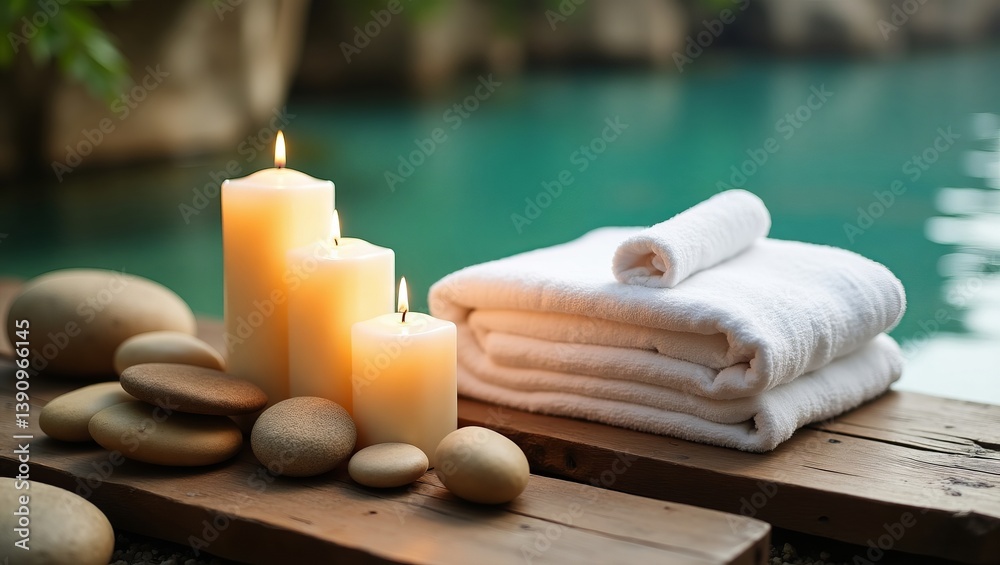 Spa still life with candles and towels on wood planks near turquoise water for relaxation and wellness, zen mood for massage salon and therapy Spa still life with candles and towels on wood planks near turquoise water for relaxation and wellness, zen mood for massage salon and therapy