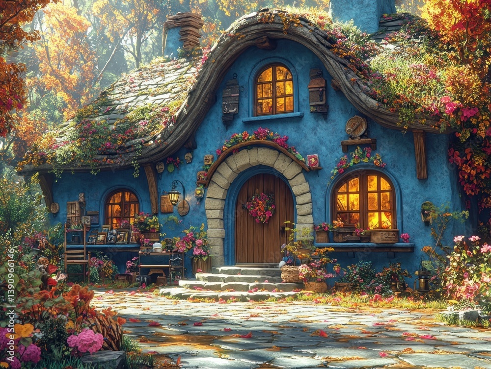 Obraz premium Whimsical Fairy Tale Scene with Little Red Riding Hood and Forest Friends in a Cozy Setting