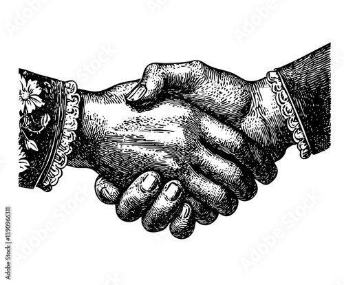 Detailed etching of business handshake in antique style