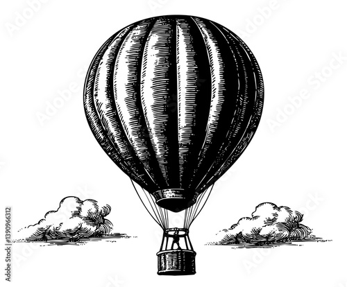 Engraved illustration of vintage hot air balloon among clouds