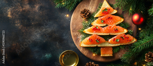 Christmas tree shaped salmon toasts on wooden board