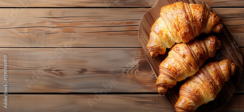 Three golden-brown croissants are arranged on a wooden cutting board, placed on a rustic wooden table.
