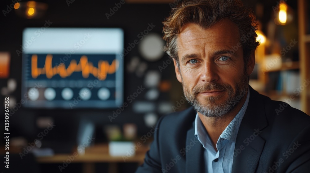Fototapeta premium Confident Businessman Analyzing Data on Digital Screen in Modern Office