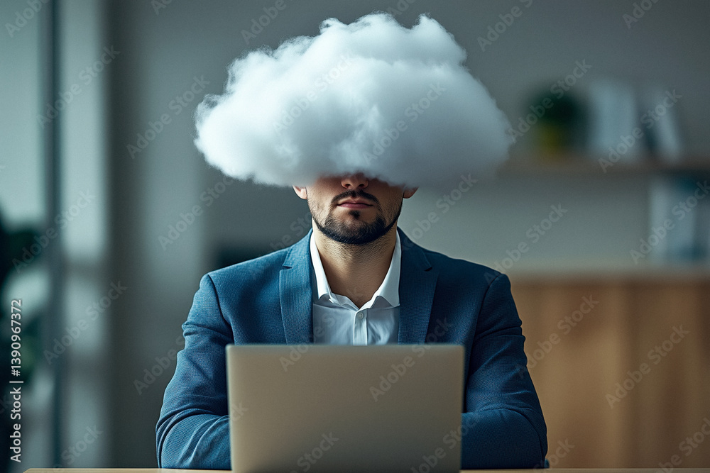 A businessman sits at a laptop with a fluffy white cloud covering his head, symbolizing cloud computing or being lost in thought.
