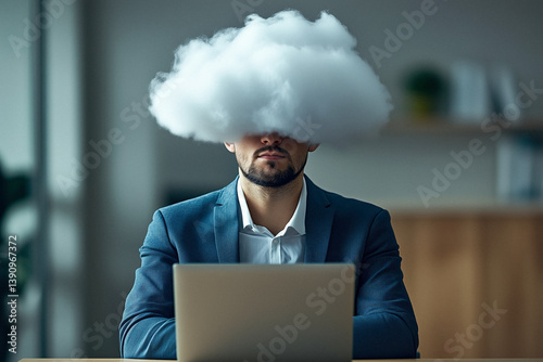 Obraz na płótnie A businessman sits at a laptop with a fluffy white cloud covering his head, symbolizing cloud computing or being lost in thought. w salonie