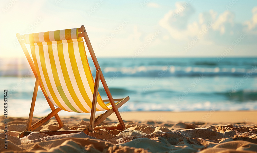 A striped beach chair sits on a sandy beach facing the ocean under a sunny sky.