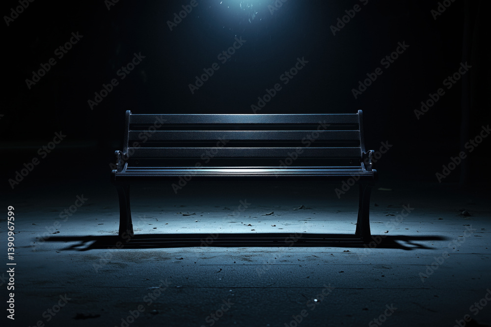 A solitary park bench sits illuminated by a single overhead light in the darkness of night.