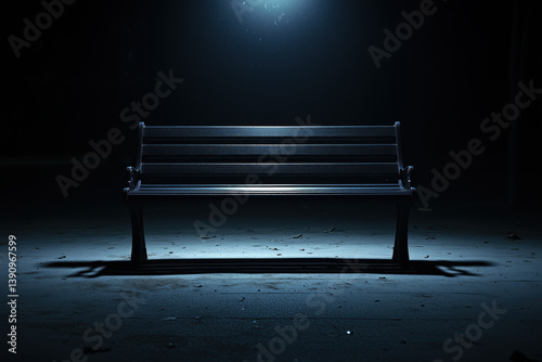 Obraz na płótnie A solitary park bench sits illuminated by a single overhead light in the darkness of night. w salonie