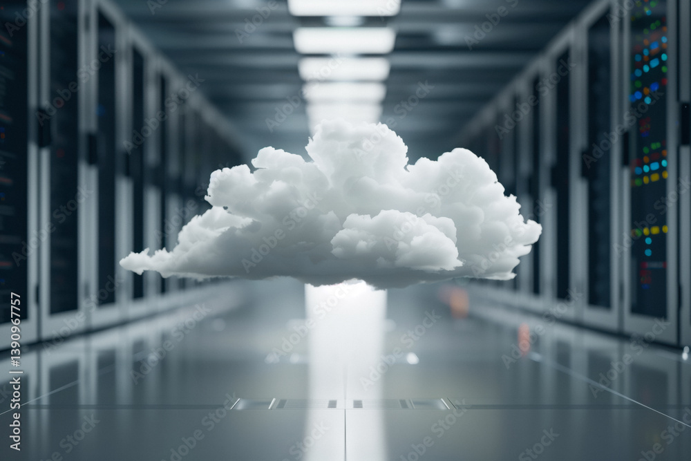 A white cloud floating on a cloud server room with bokeh blurry background,
