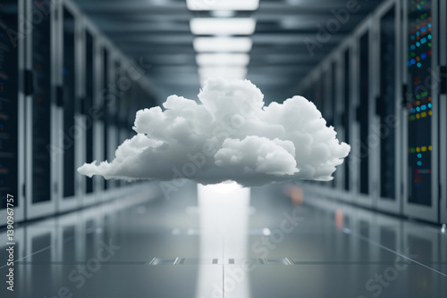 Obraz na płótnie A white cloud floating on a cloud server room with bokeh blurry background, w salonie