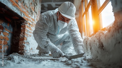 Construction Worker in Protective Gear Applying Plaster to Wall in Sunlit Room