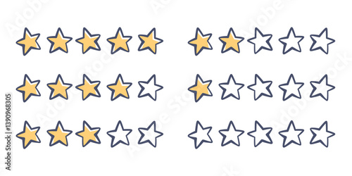 5 stars rating. Five stars icons. Hand drawn doodle stars elements.  Customer and review product rating.Vector flat illustration for apps, websites